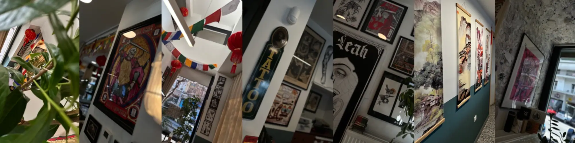 Ο χώρος του στούντιο: κάδρα με σχέδια στον τοίχο, φανάρια και σημαίες προσευχής